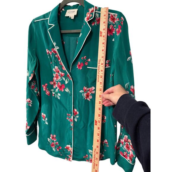 Sezane 4 Elisa 100% Silk Pajama Blouse Floral White Piping Covered Buttons Green - Picture 7 of 8